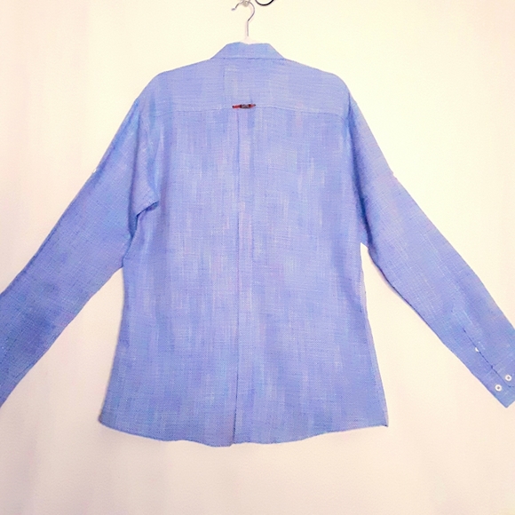 Taj Green Mens Zenith Blue/White Woven Textured Fabric Button Front Shirt Size 2 - Picture 4 of 9